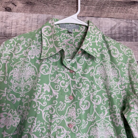 Foxcroft Non Iron Blouse Top Women 6 Green Paisley Button Up Shaped Fit Cotton - Picture 3 of 8